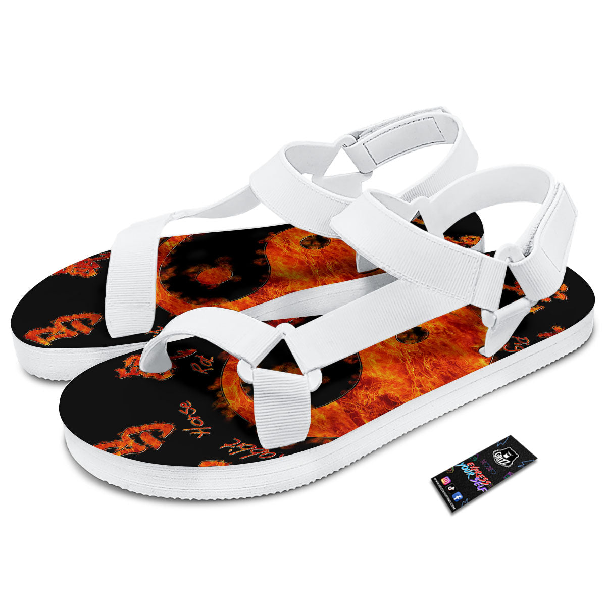 Chinese Zodiac Fire Yin Yang Print White Open Toe Sandals-grizzshop