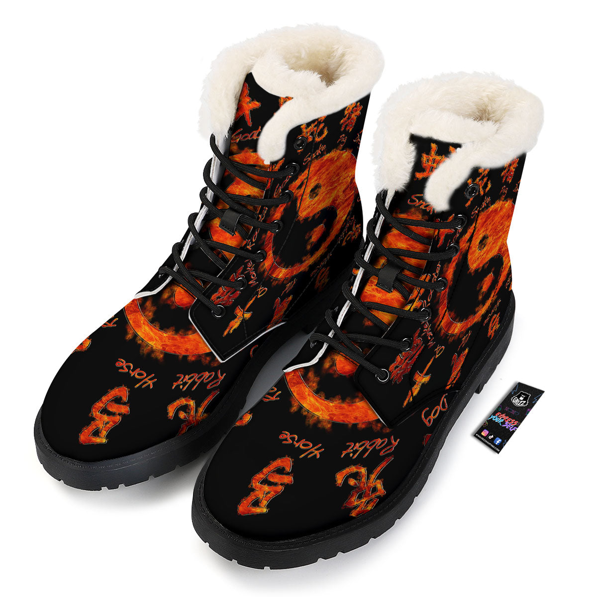 Chinese Zodiac Fire Yin Yang Print Winter Boots-grizzshop