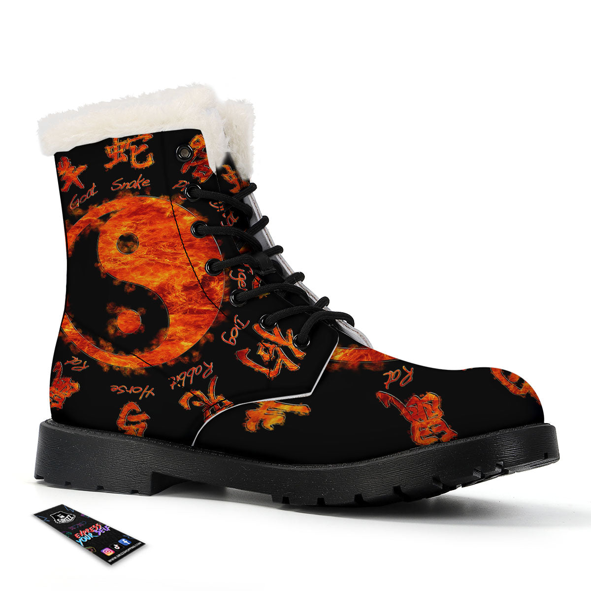 Chinese Zodiac Fire Yin Yang Print Winter Boots-grizzshop