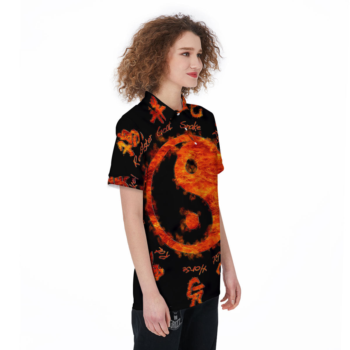 Chinese Zodiac Fire Yin Yang Print Women's Golf Shirts-grizzshop