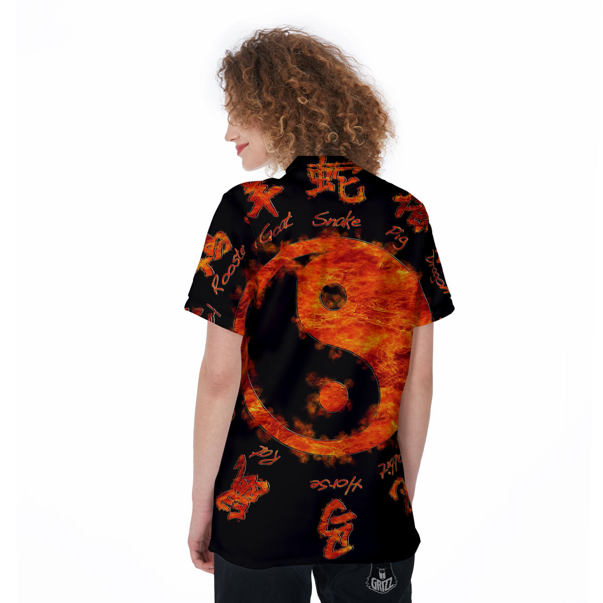 Chinese Zodiac Fire Yin Yang Print Women's Golf Shirts-grizzshop