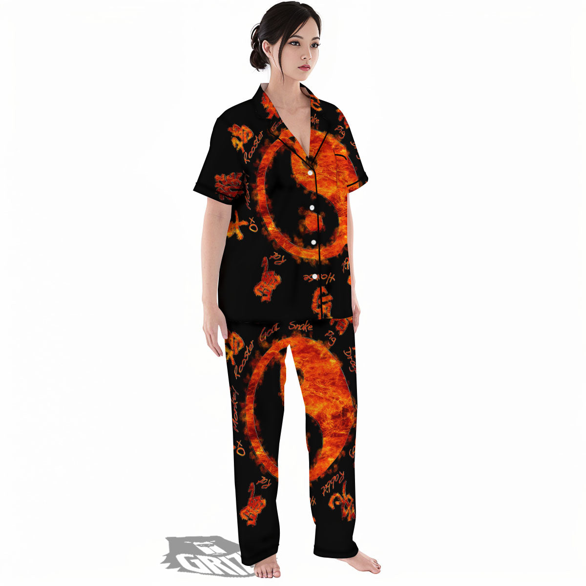 Chinese Zodiac Fire Yin Yang Print Women's Pajamas Set-grizzshop