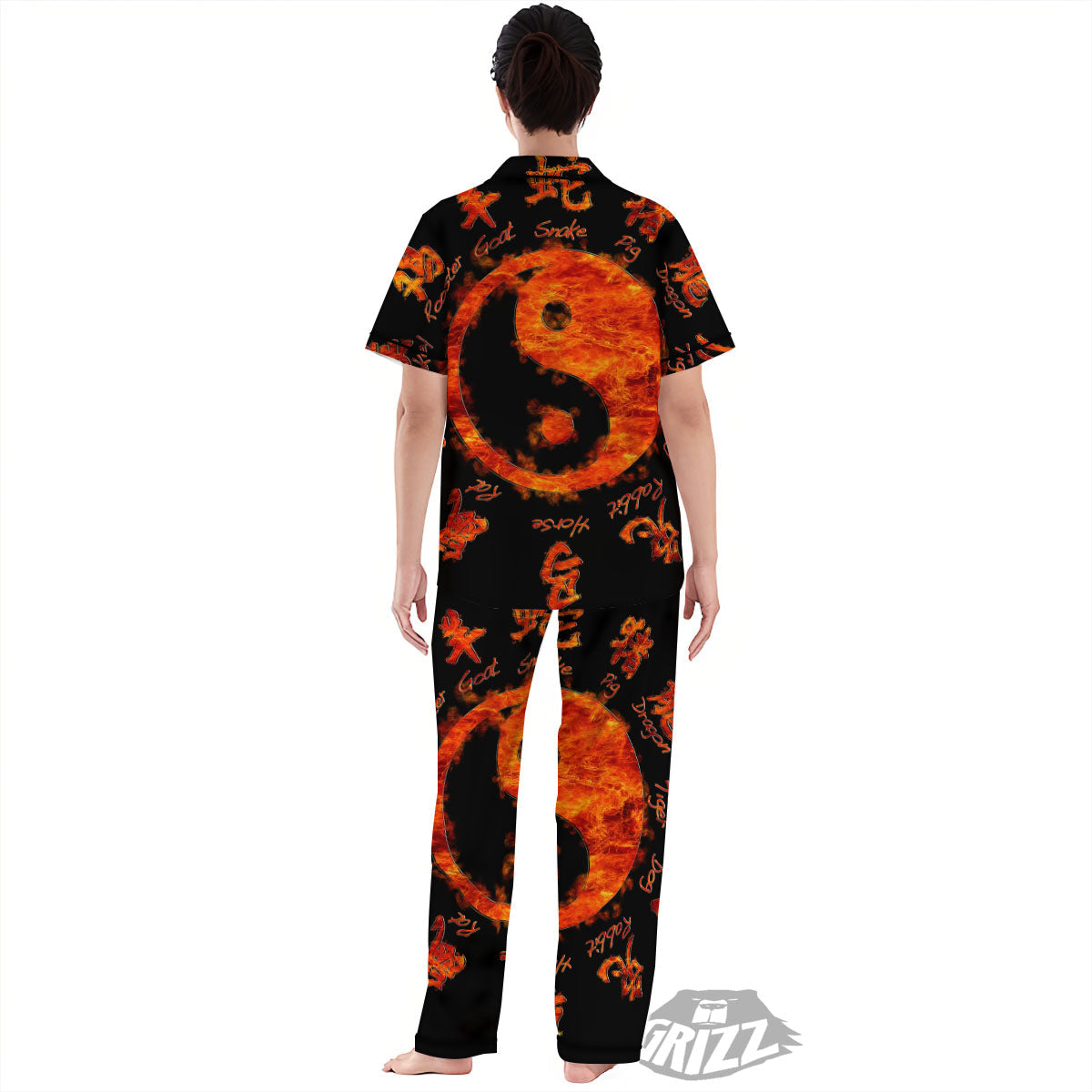 Chinese Zodiac Fire Yin Yang Print Women's Pajamas Set-grizzshop