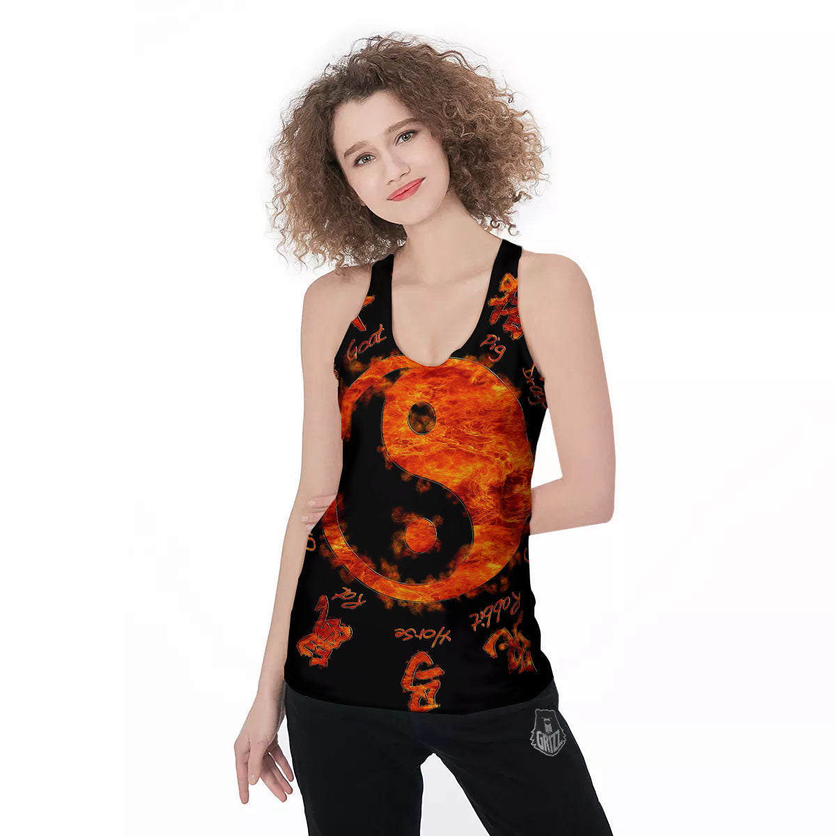 Chinese Zodiac Fire Yin Yang Print Women's Racerback Tank Top-grizzshop