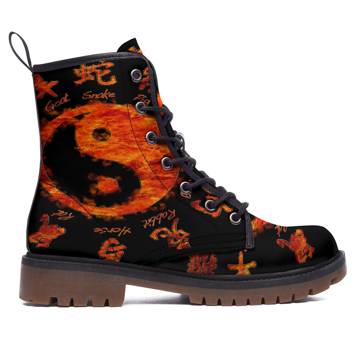 Chinese Zodiac Fire Yin Yang Print Work Boots-grizzshop