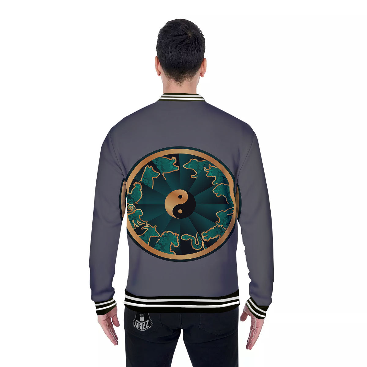 Chinese Zodiac Gold And Green Print Baseball Jacket-grizzshop