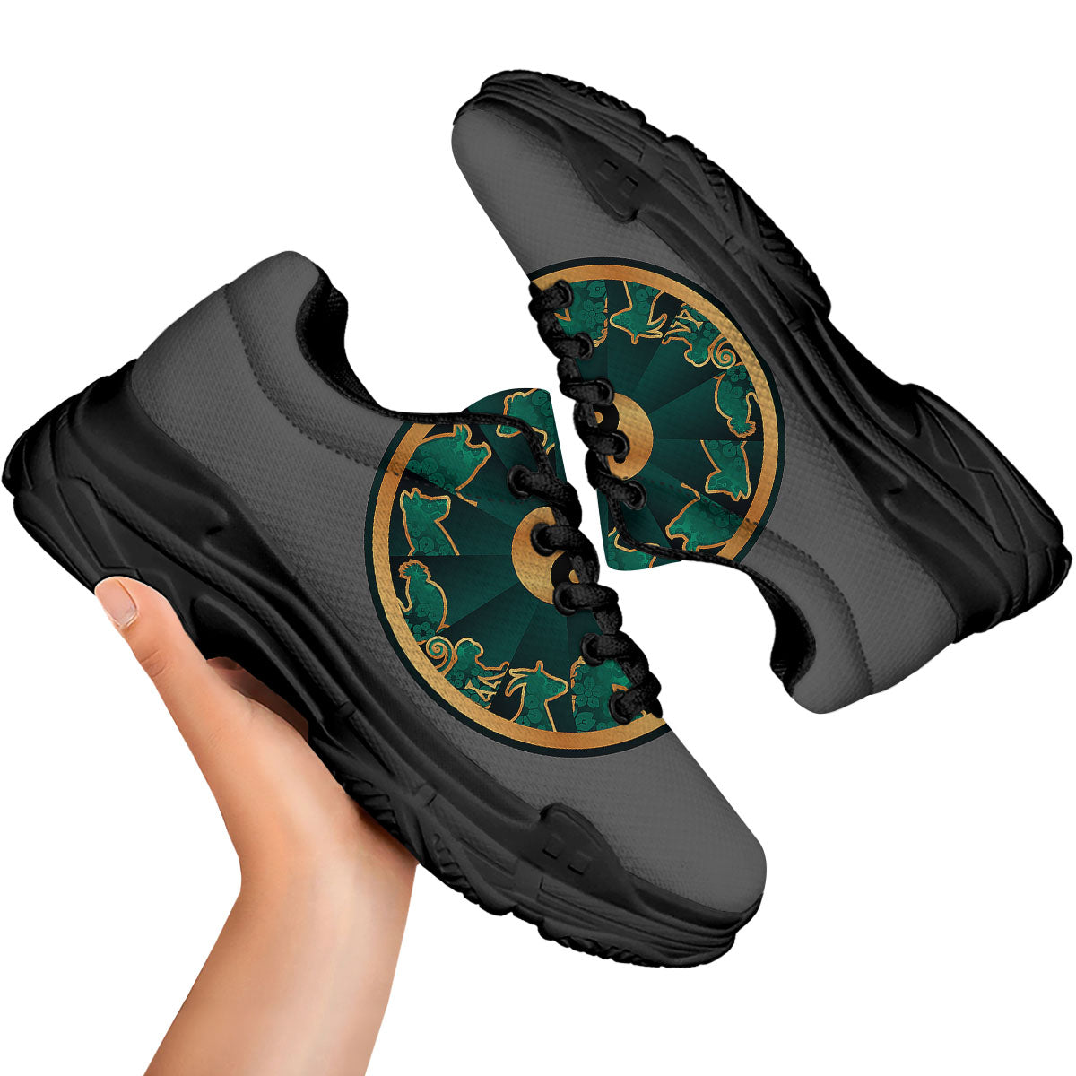 Chinese Zodiac Gold And Green Print Black Chunky Shoes-grizzshop