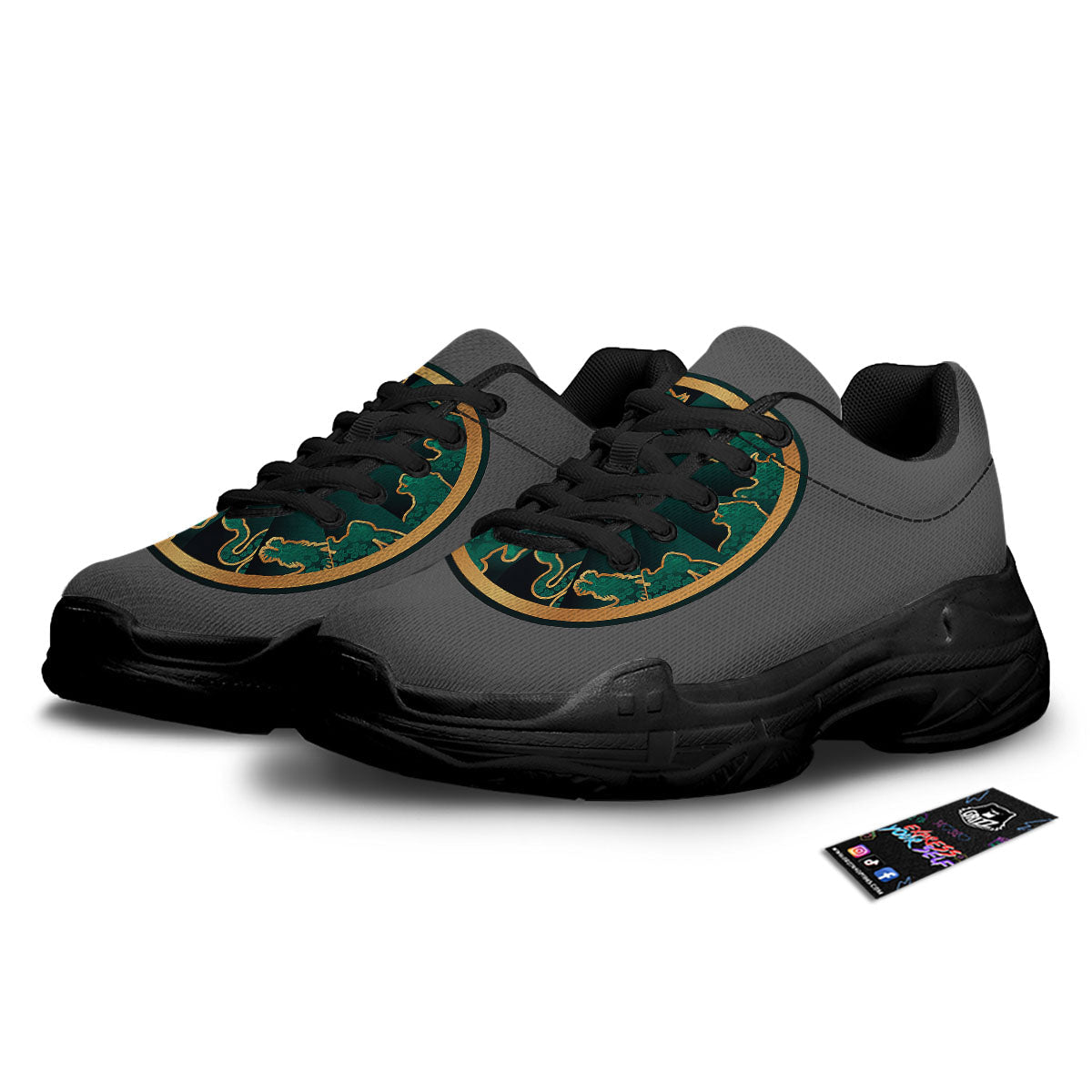 Chinese Zodiac Gold And Green Print Black Chunky Shoes-grizzshop