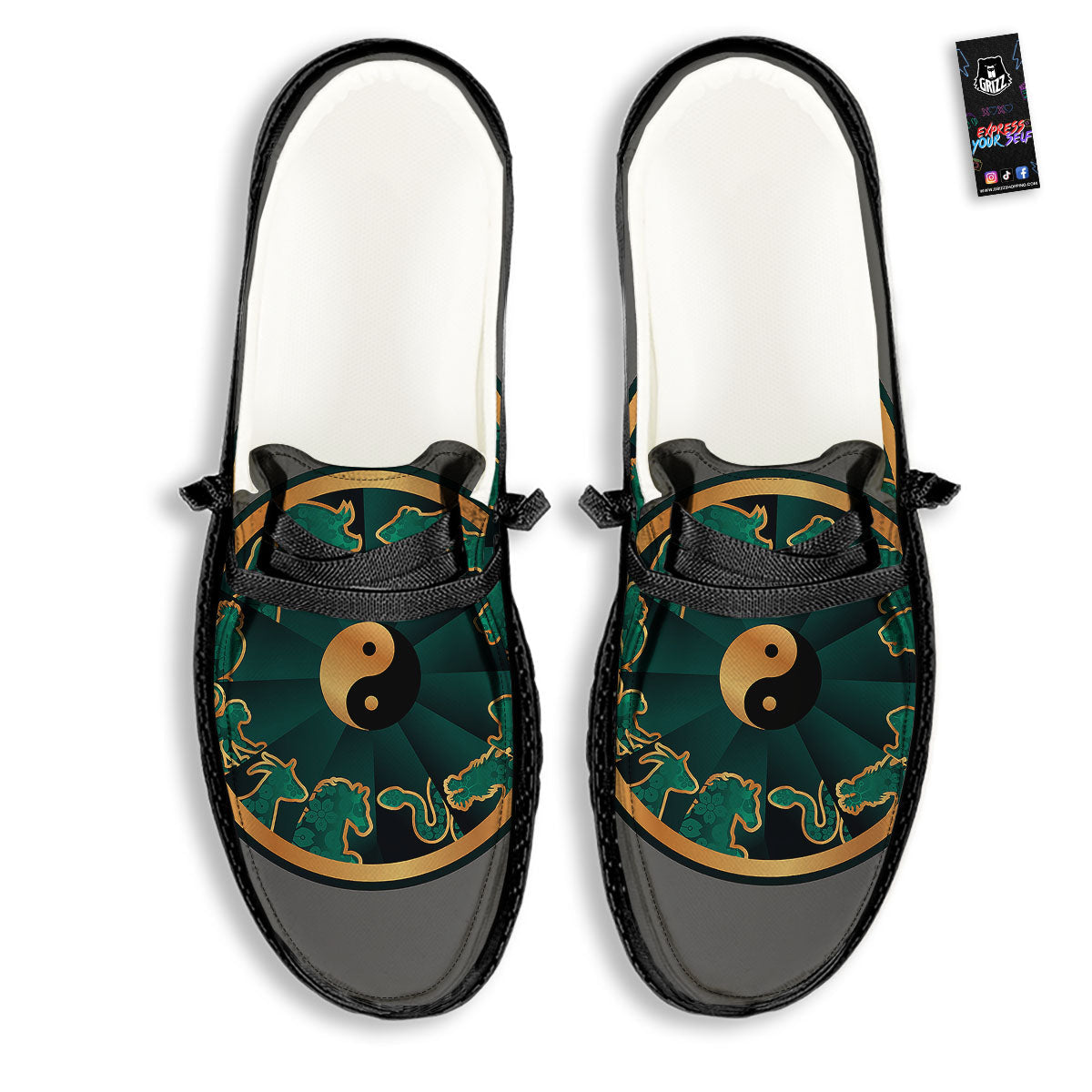 Chinese Zodiac Gold And Green Print Black Loafers-grizzshop