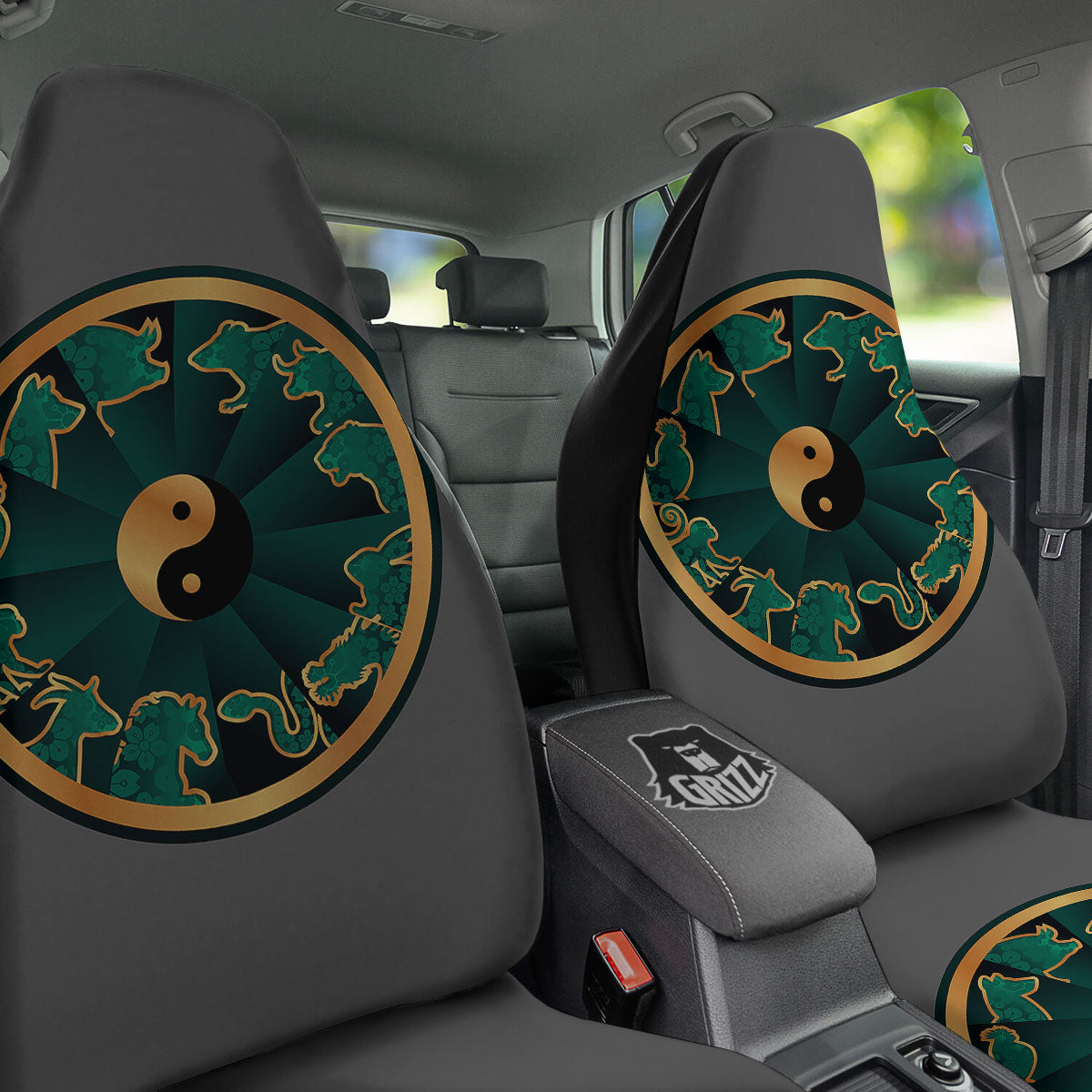 Chinese Zodiac Gold And Green Print Car Seat Covers-grizzshop