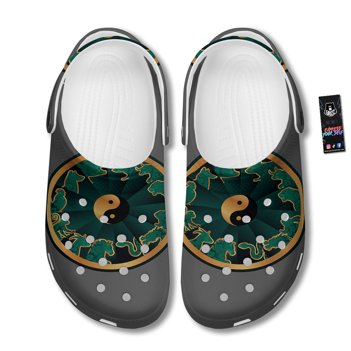 Chinese Zodiac Gold And Green Print Clog-grizzshop