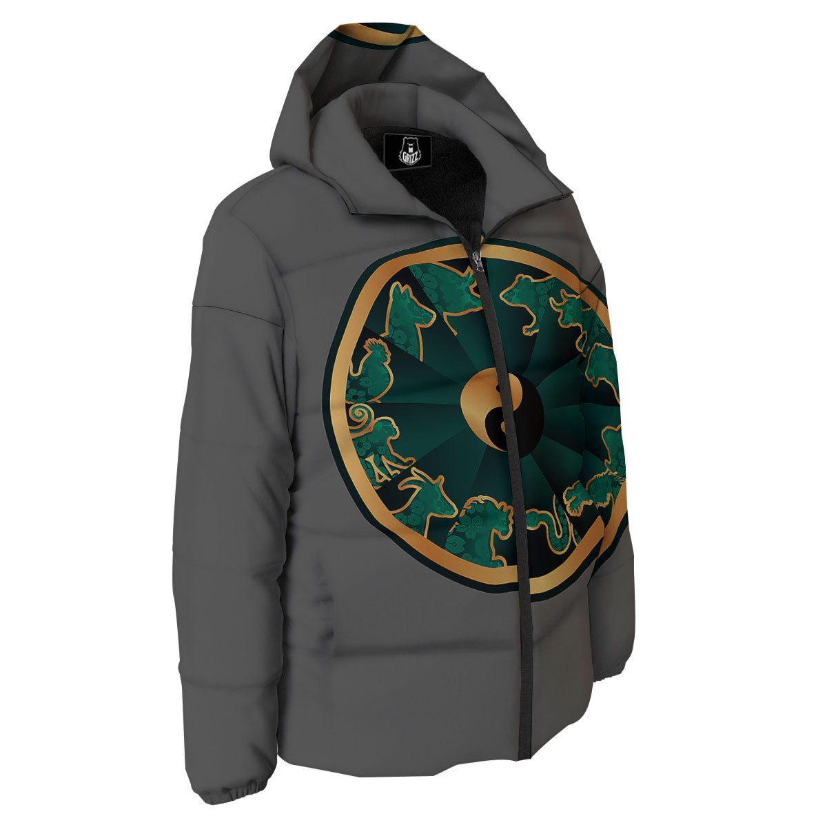 Chinese Zodiac Gold And Green Print Down Jacket-grizzshop