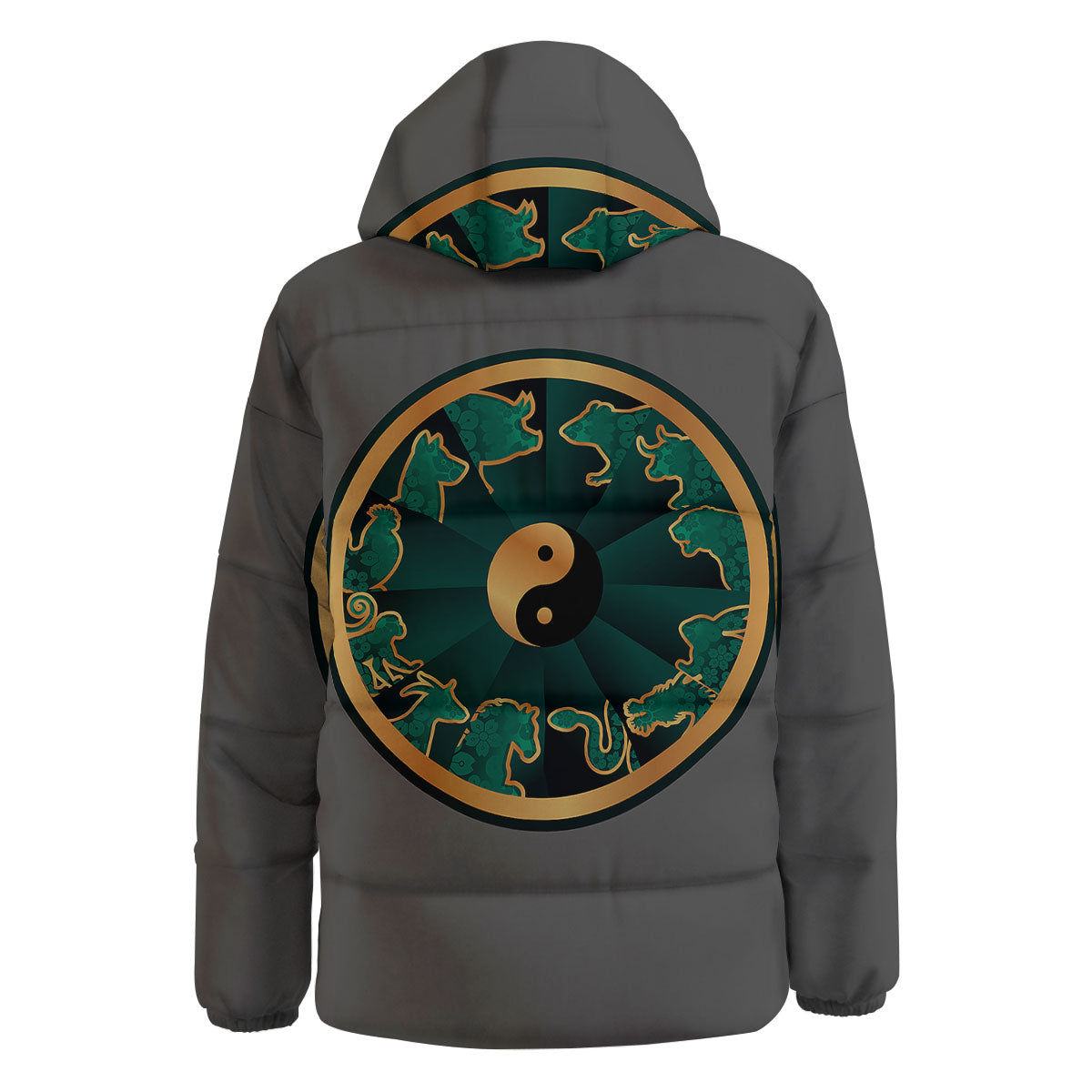 Chinese Zodiac Gold And Green Print Down Jacket-grizzshop