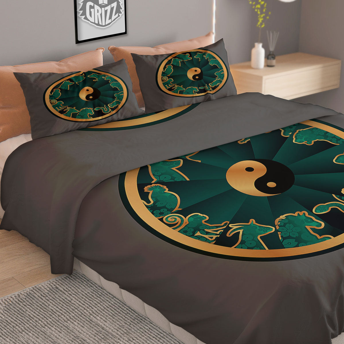 Chinese Zodiac Gold And Green Print Duvet Cover Bedding Set