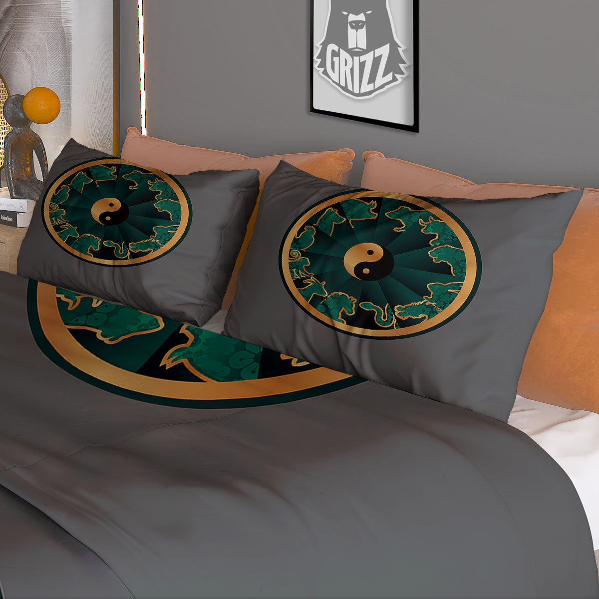 Chinese Zodiac Gold And Green Print Duvet Cover Bedding Set