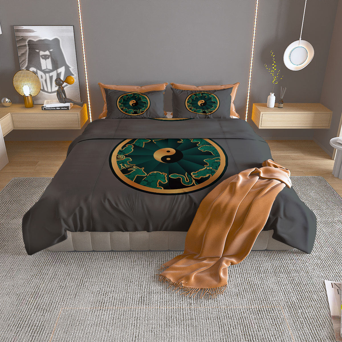 Chinese Zodiac Gold And Green Print Duvet Cover Bedding Set