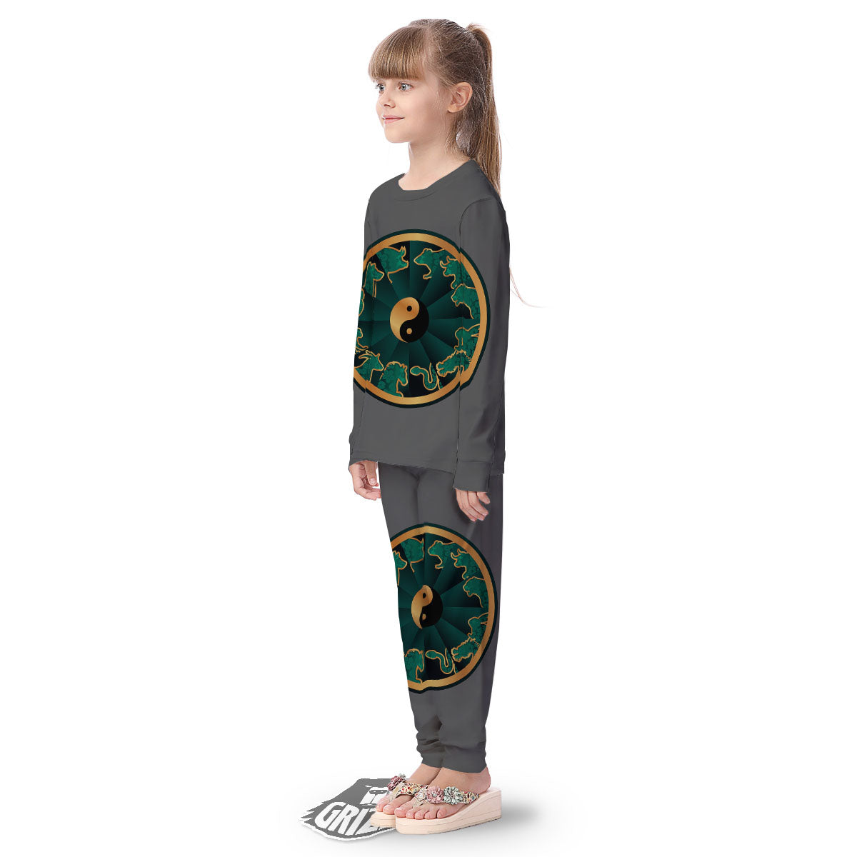Chinese Zodiac Gold And Green Print Kid's Pajamas-grizzshop