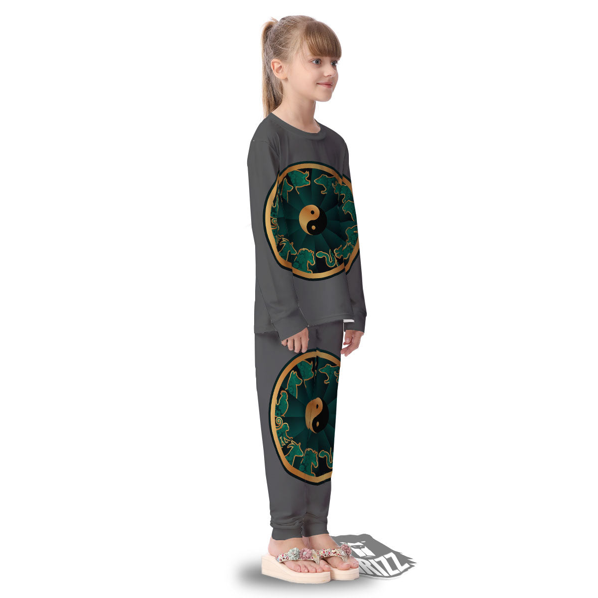 Chinese Zodiac Gold And Green Print Kid's Pajamas-grizzshop
