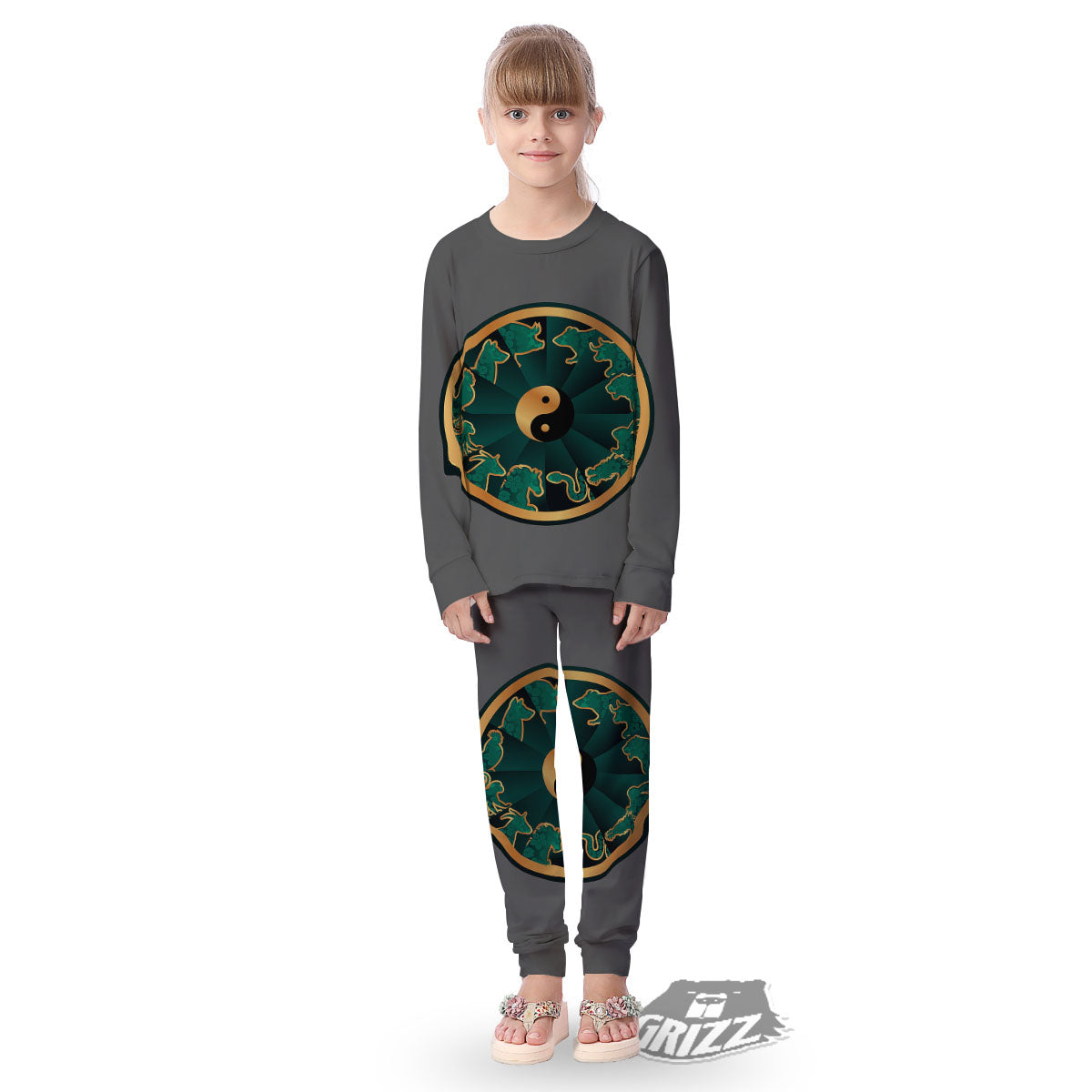 Chinese Zodiac Gold And Green Print Kid's Pajamas-grizzshop