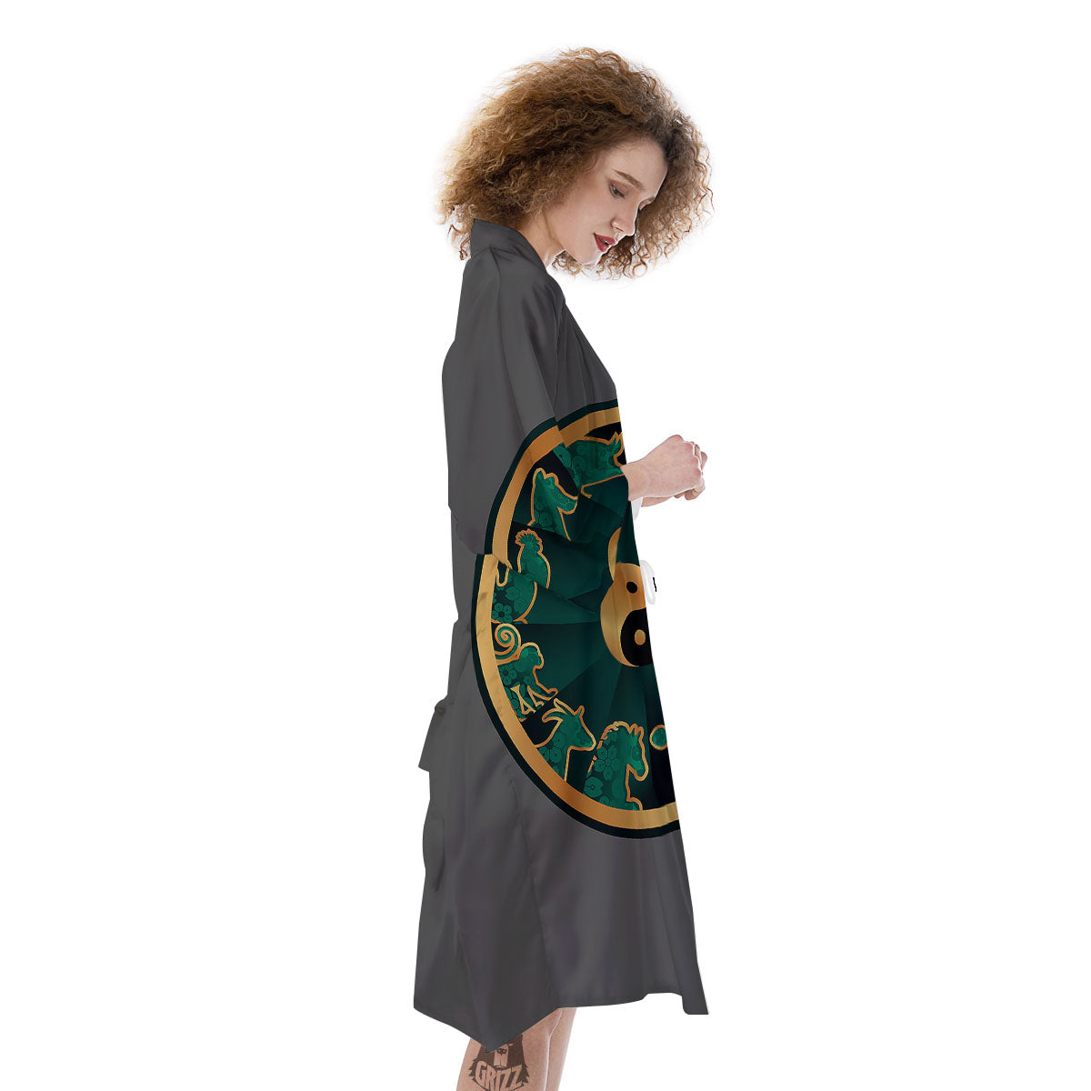 Chinese Zodiac Gold And Green Print Kimono-grizzshop