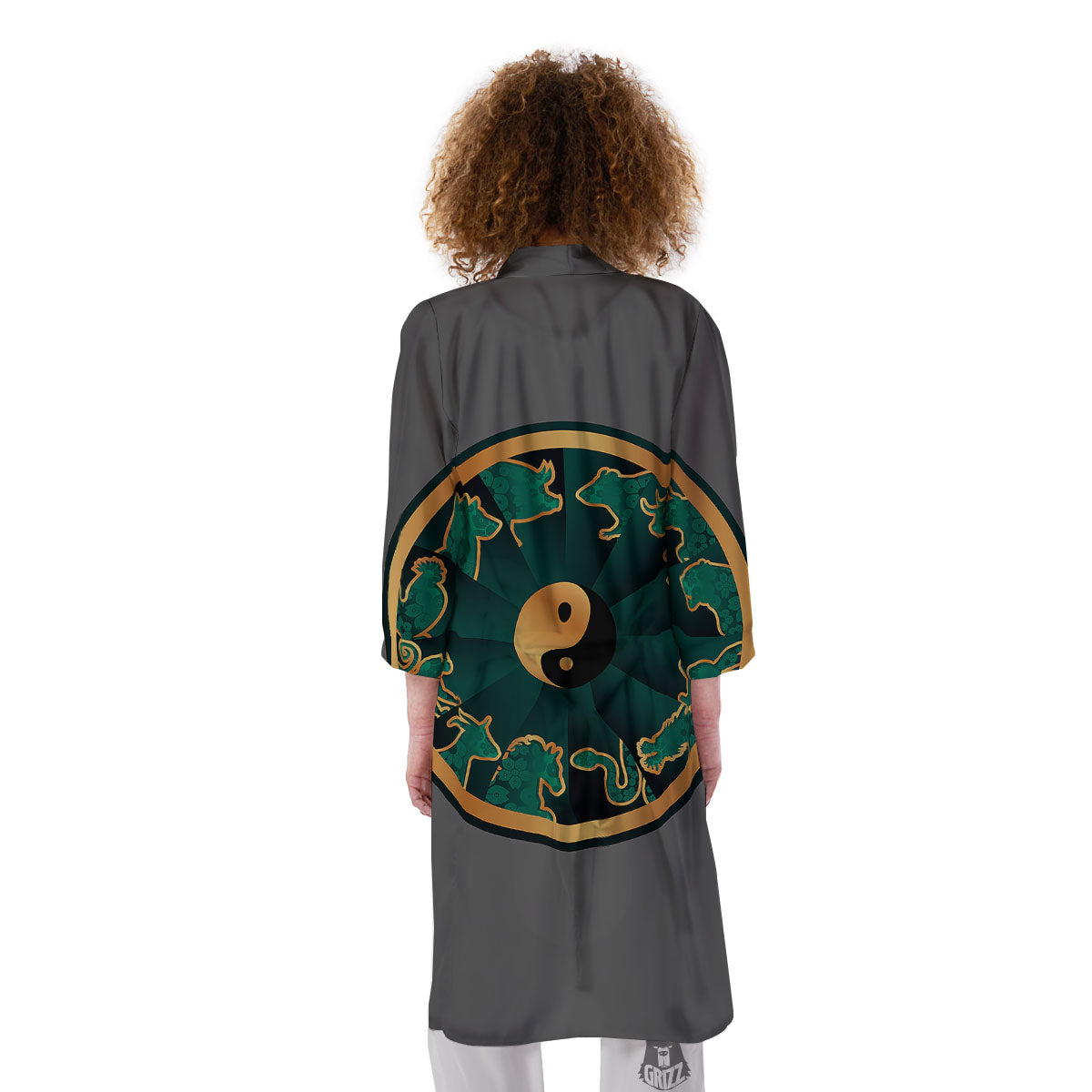 Chinese Zodiac Gold And Green Print Kimono-grizzshop
