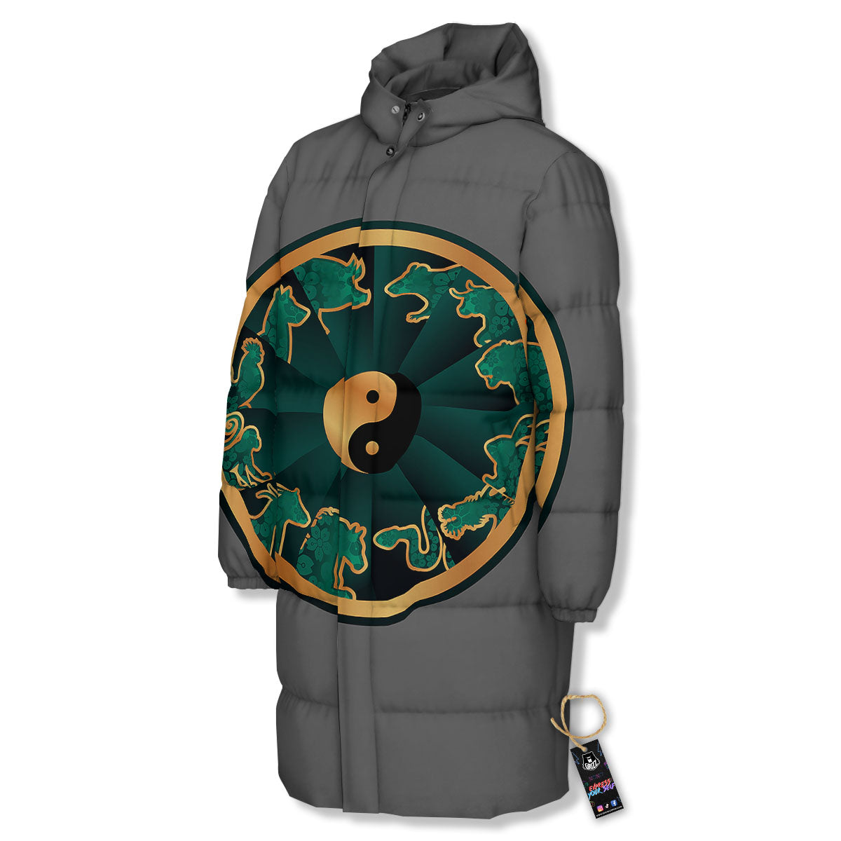 Chinese Zodiac Gold And Green Print Long Down Jacket-grizzshop