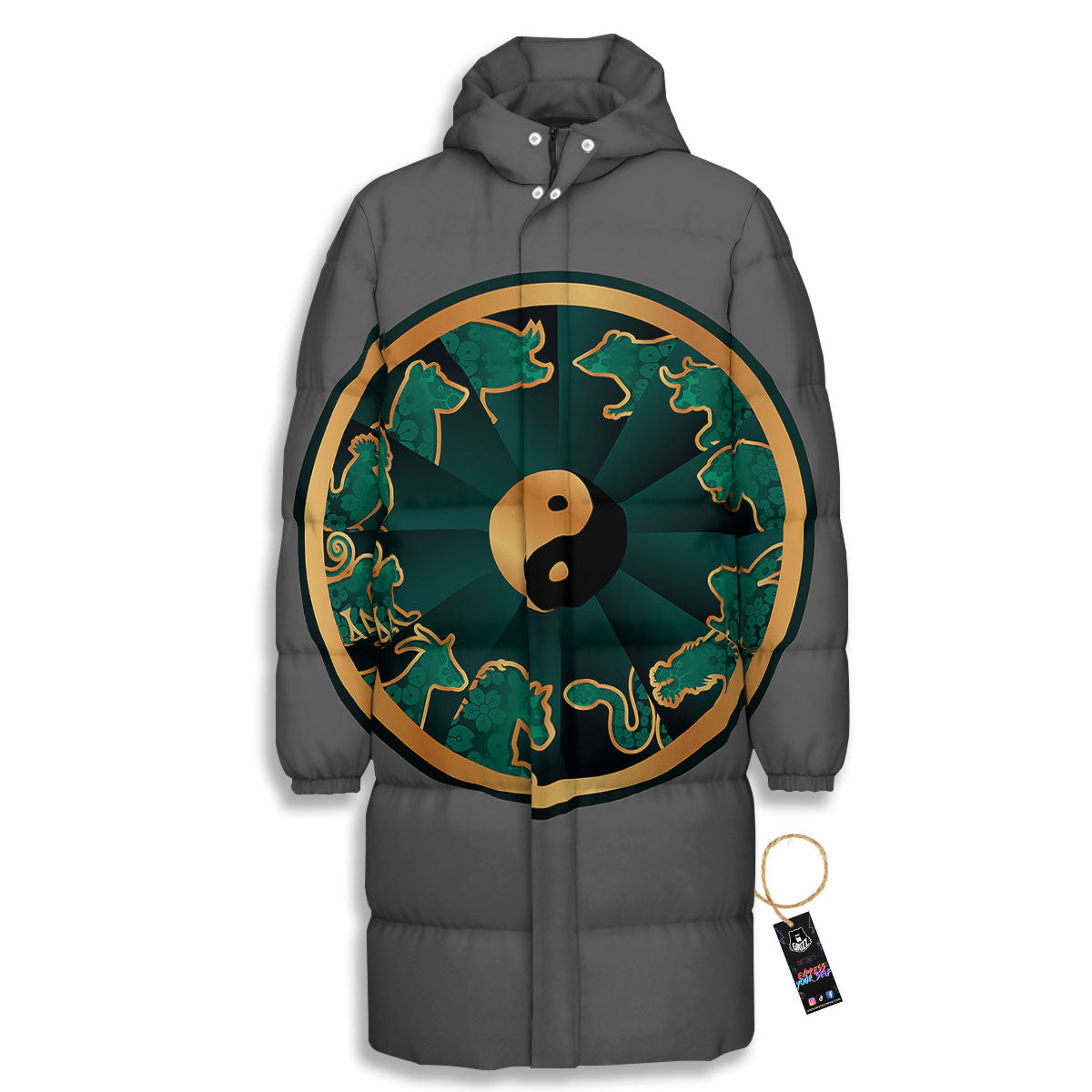 Chinese Zodiac Gold And Green Print Long Down Jacket-grizzshop