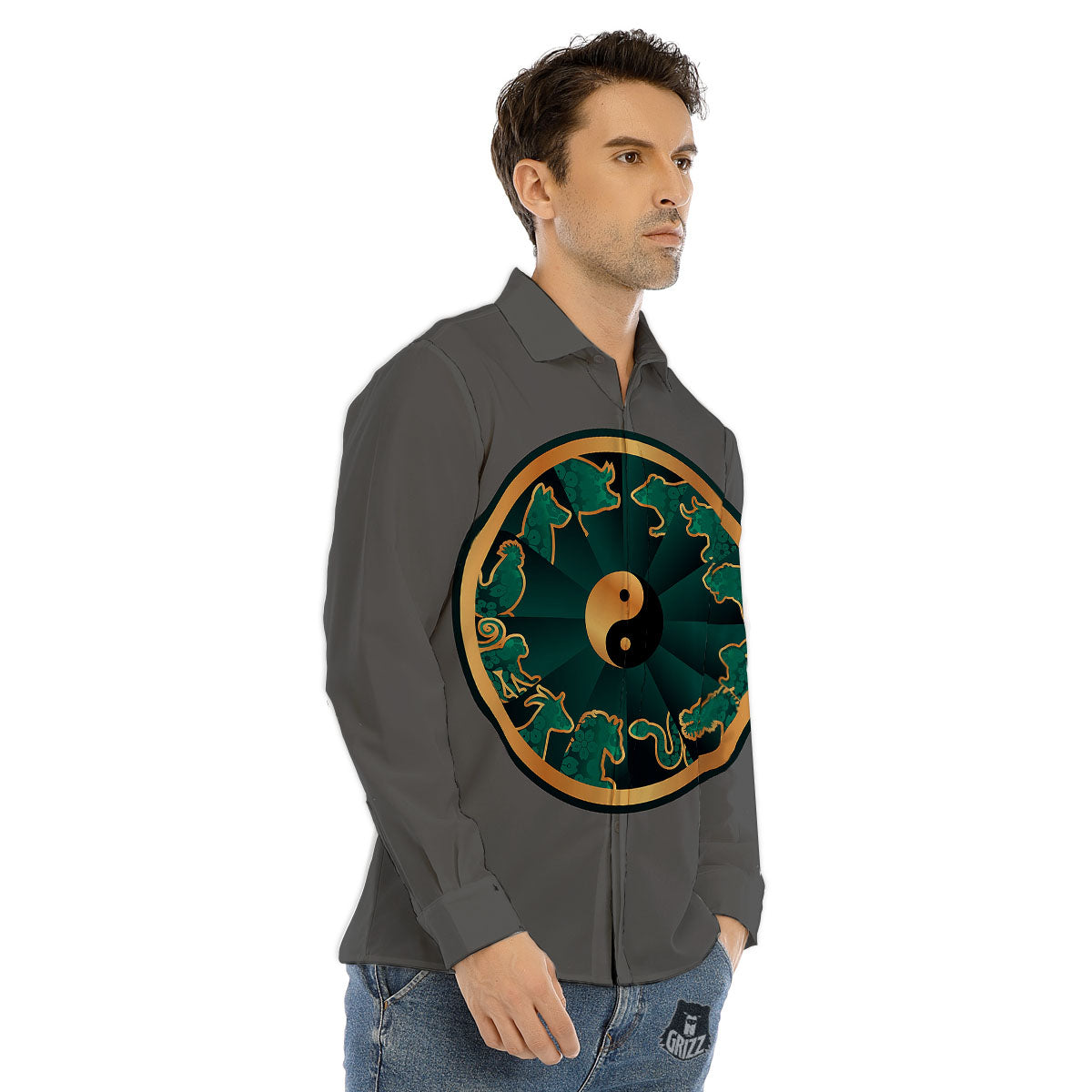 Chinese Zodiac Gold And Green Print Men's Dress Shirts-grizzshop