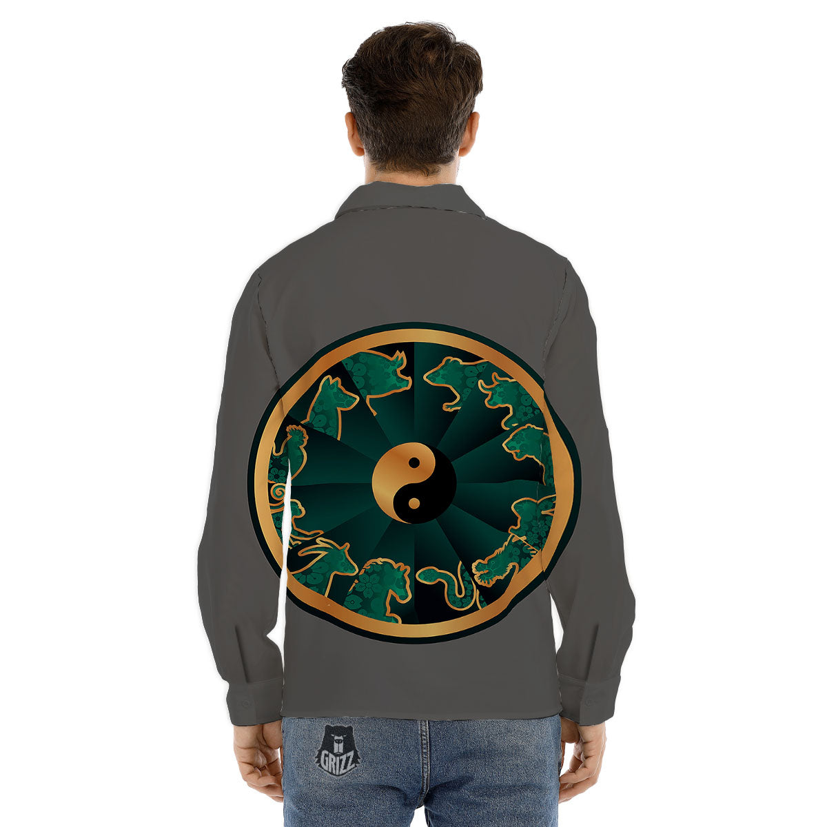 Chinese Zodiac Gold And Green Print Men's Dress Shirts-grizzshop