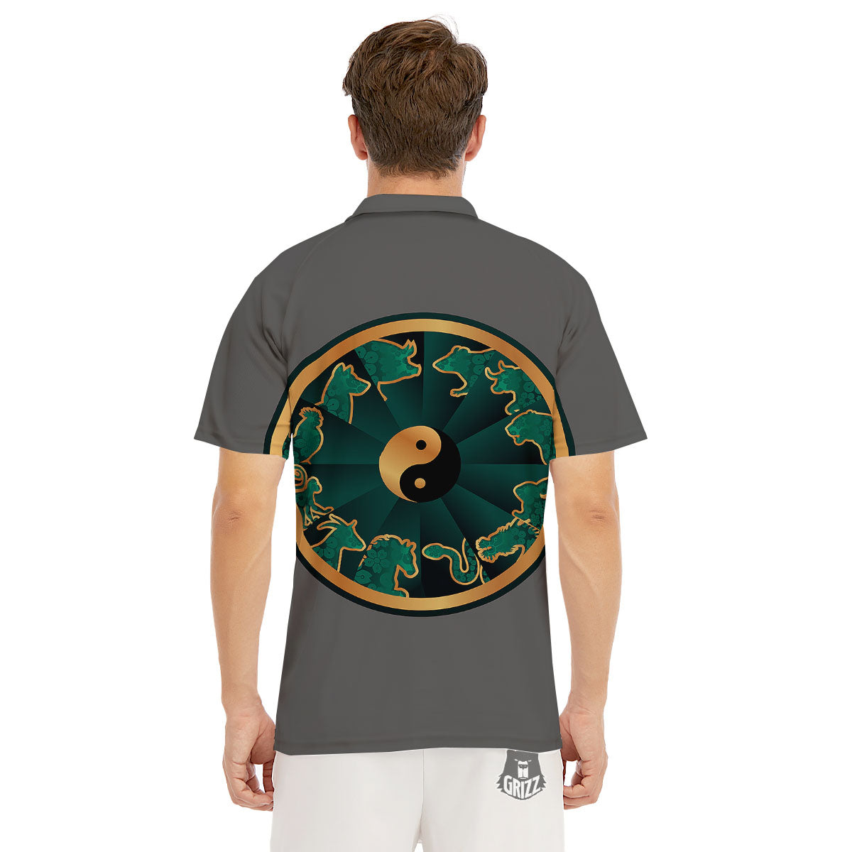 Chinese Zodiac Gold And Green Print Men's Golf Shirts-grizzshop
