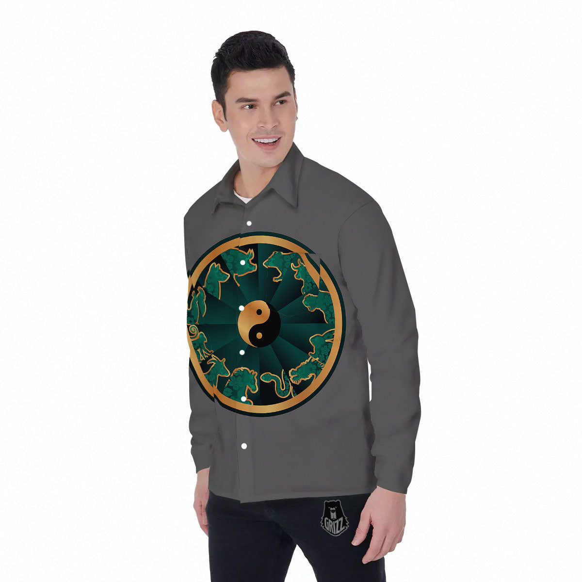 Chinese Zodiac Gold And Green Print Men's Long Sleeve Shirts-grizzshop
