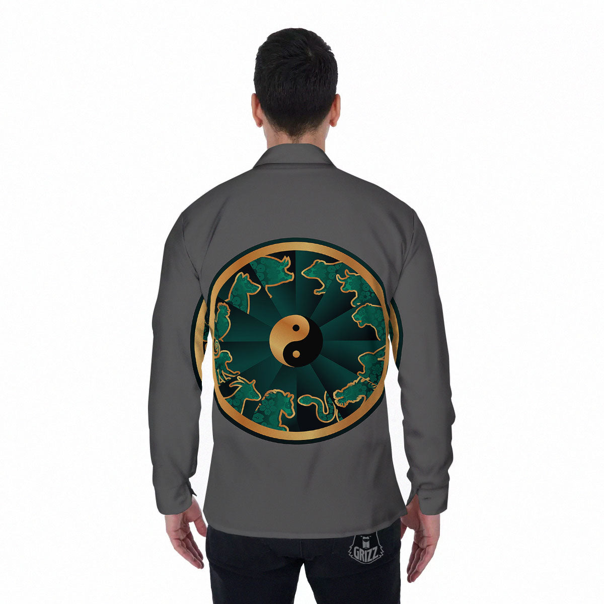 Chinese Zodiac Gold And Green Print Men's Long Sleeve Shirts-grizzshop