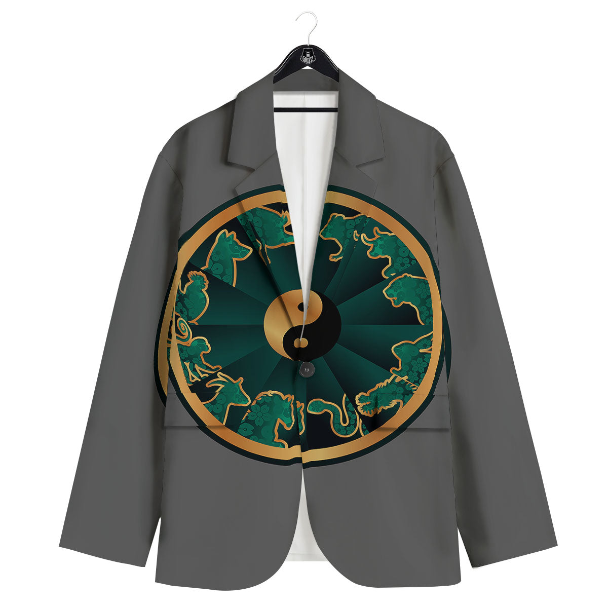 Chinese Zodiac Gold And Green Print Men's Sport Coat-grizzshop
