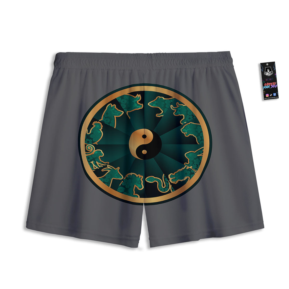 Chinese Zodiac Gold And Green Print Mesh Shorts