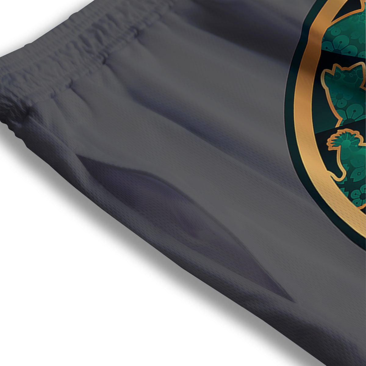 Chinese Zodiac Gold And Green Print Mesh Shorts