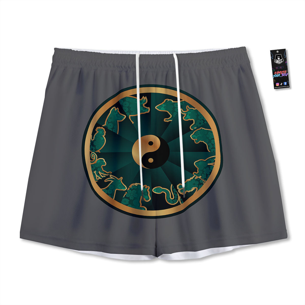 Chinese Zodiac Gold And Green Print Mesh Shorts
