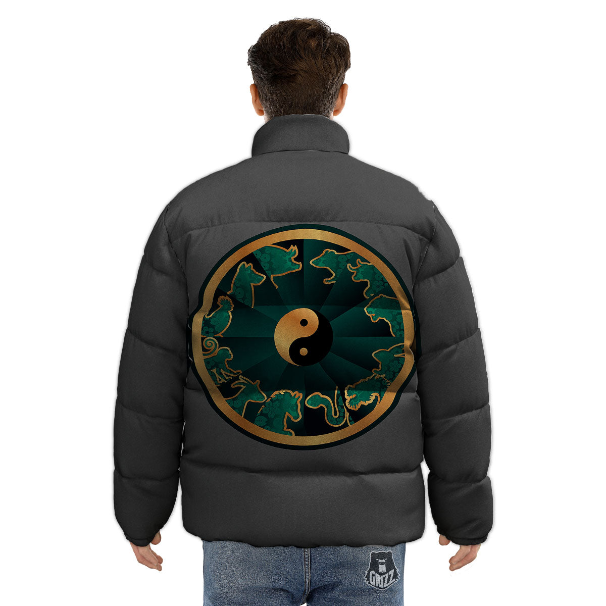 Chinese Zodiac Gold And Green Print Puffer Jacket-grizzshop