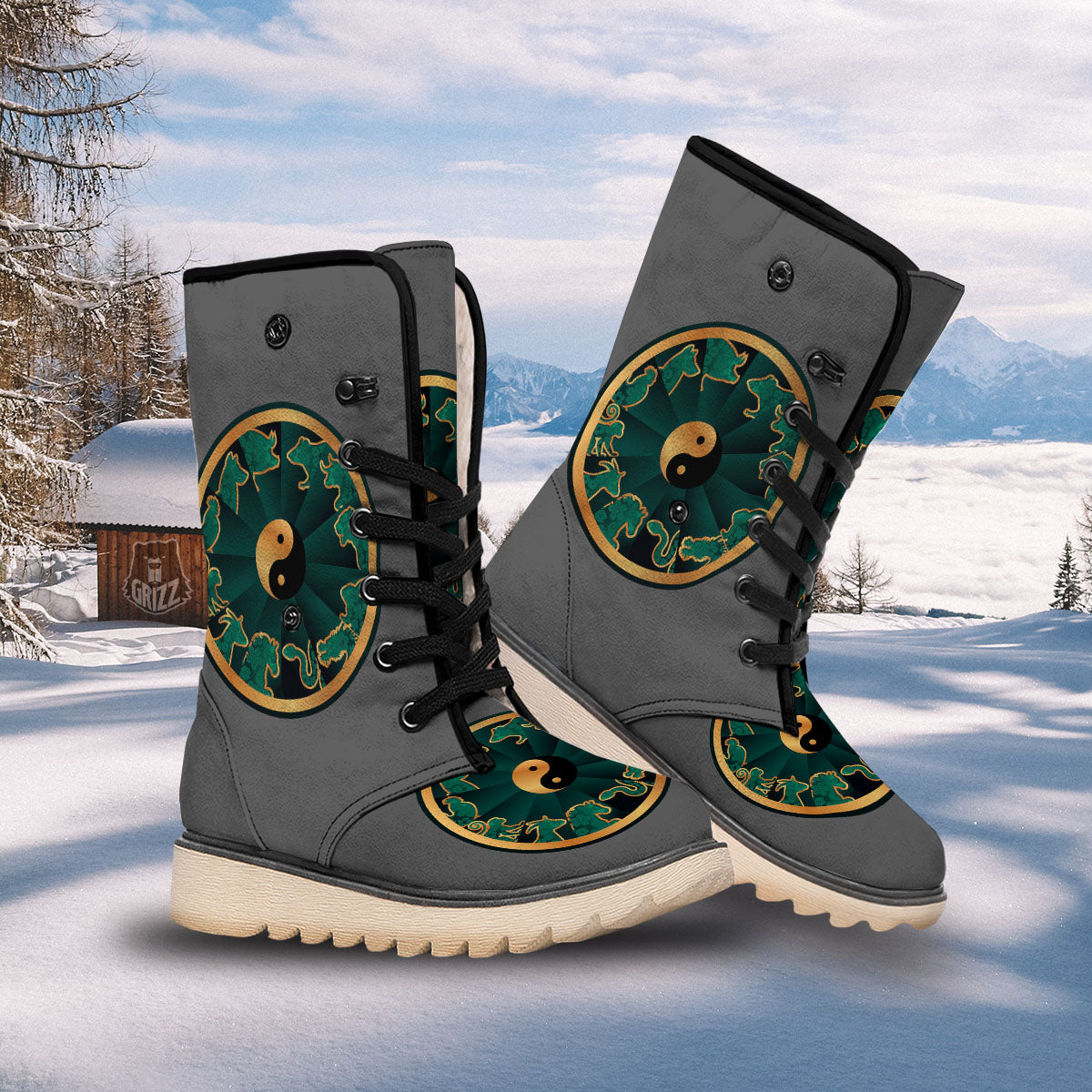 Chinese Zodiac Gold And Green Print Snow Boots-grizzshop