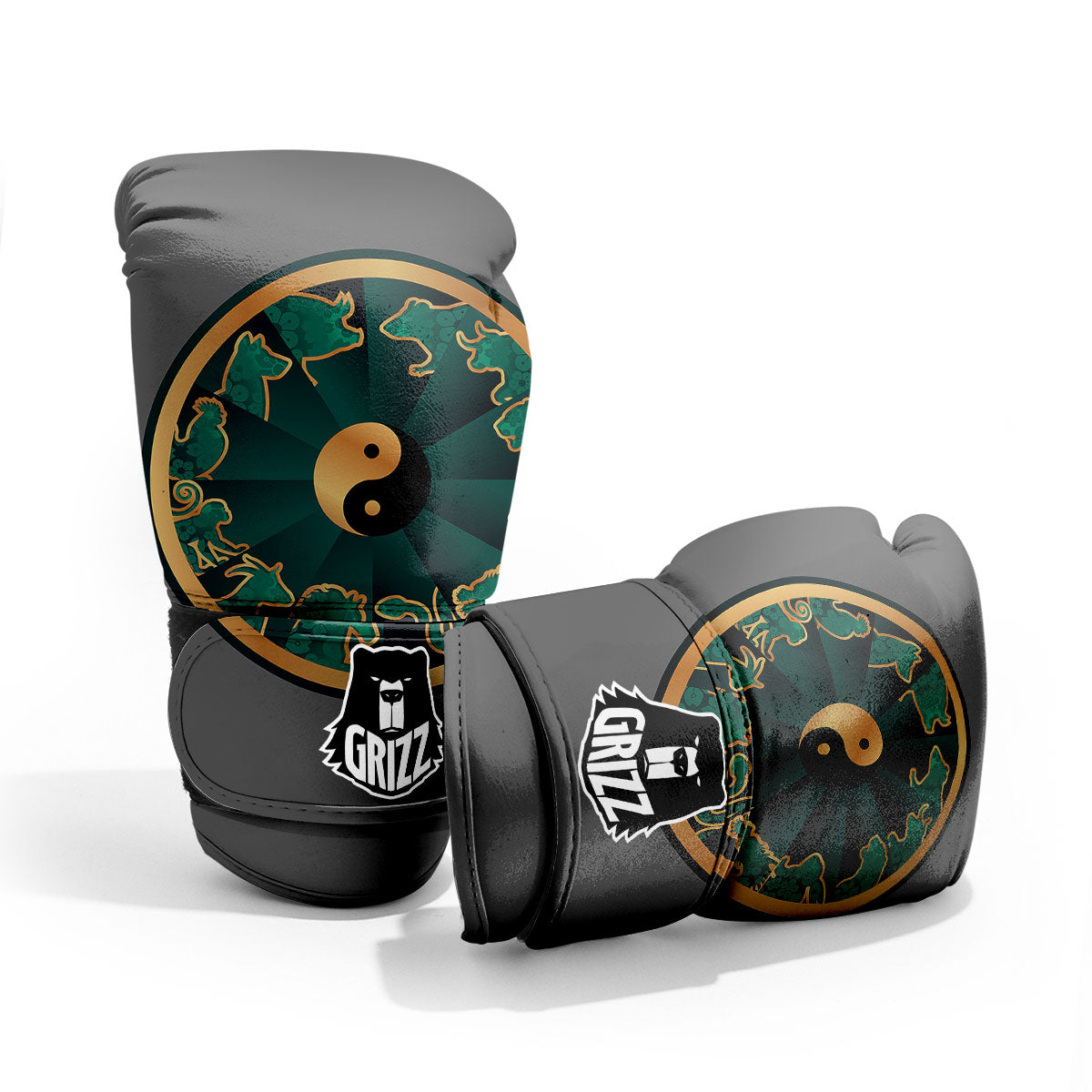 Chinese Zodiac Gold And Green Print Pro Boxing Glove
