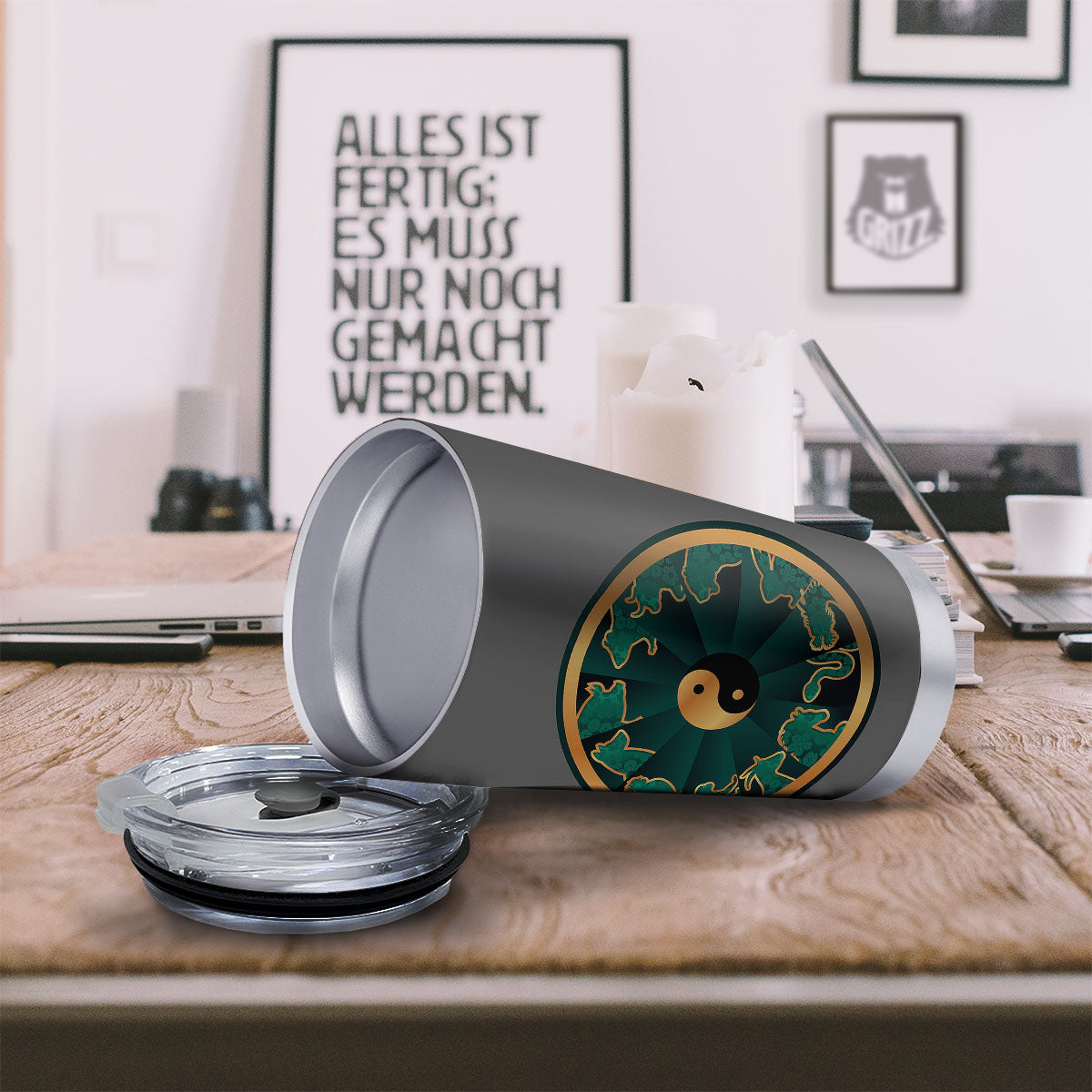 Chinese Zodiac Gold And Green Print Tumbler-grizzshop