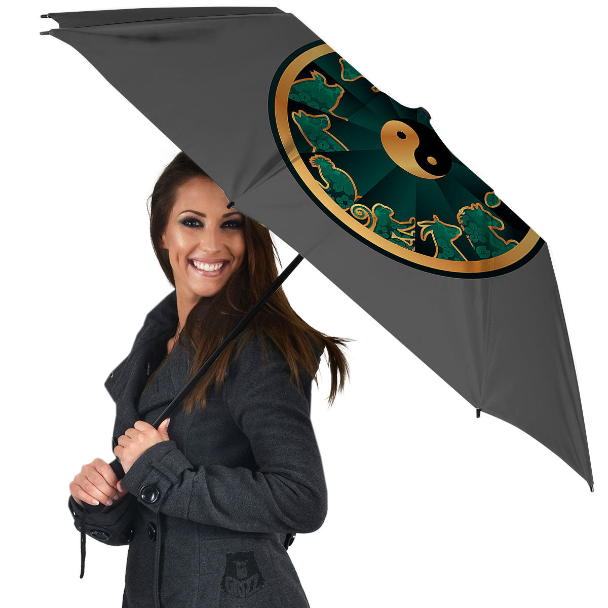Chinese Zodiac Gold And Green Print Umbrella-grizzshop