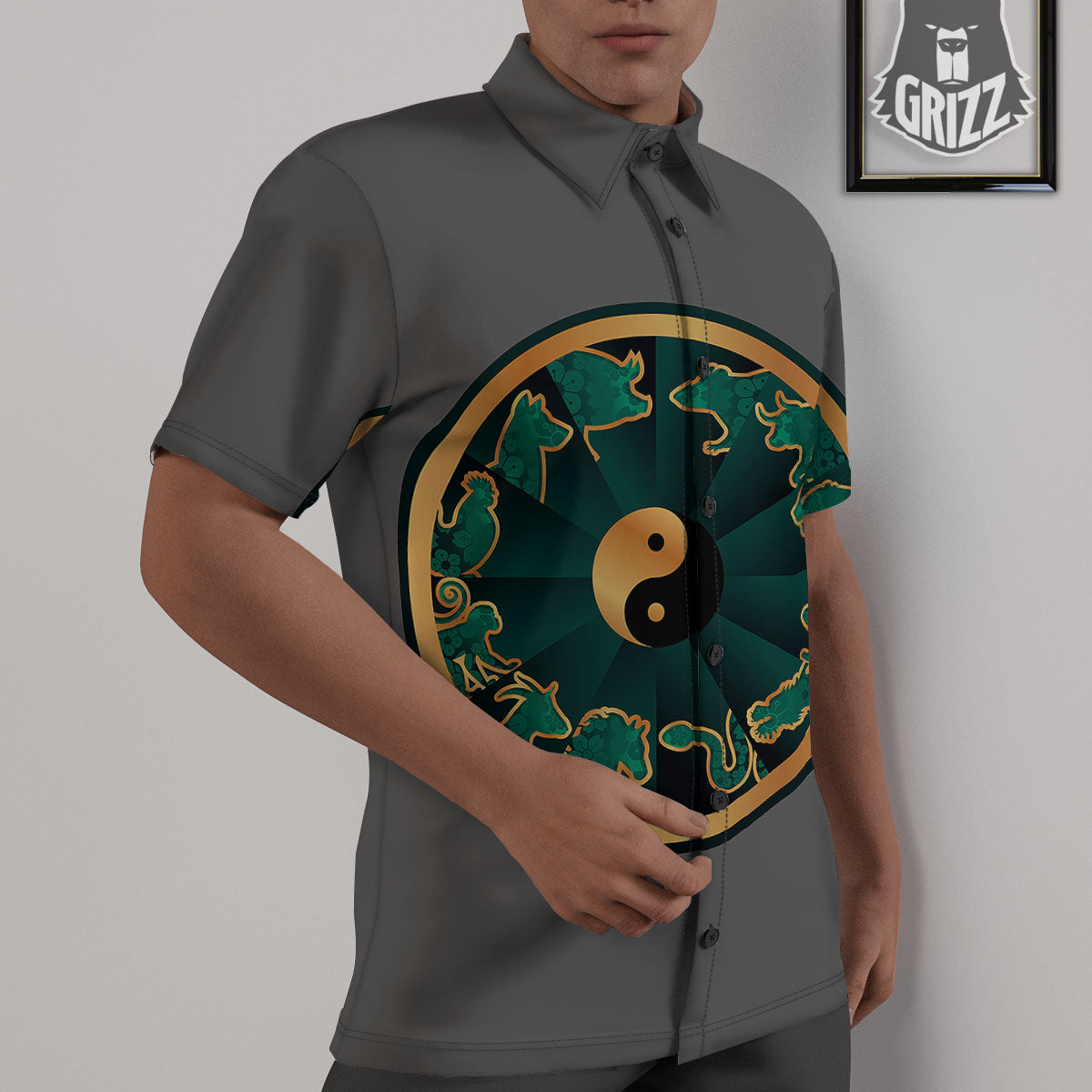 Chinese Zodiac Gold And Green Print Untucked Shirts-grizzshop