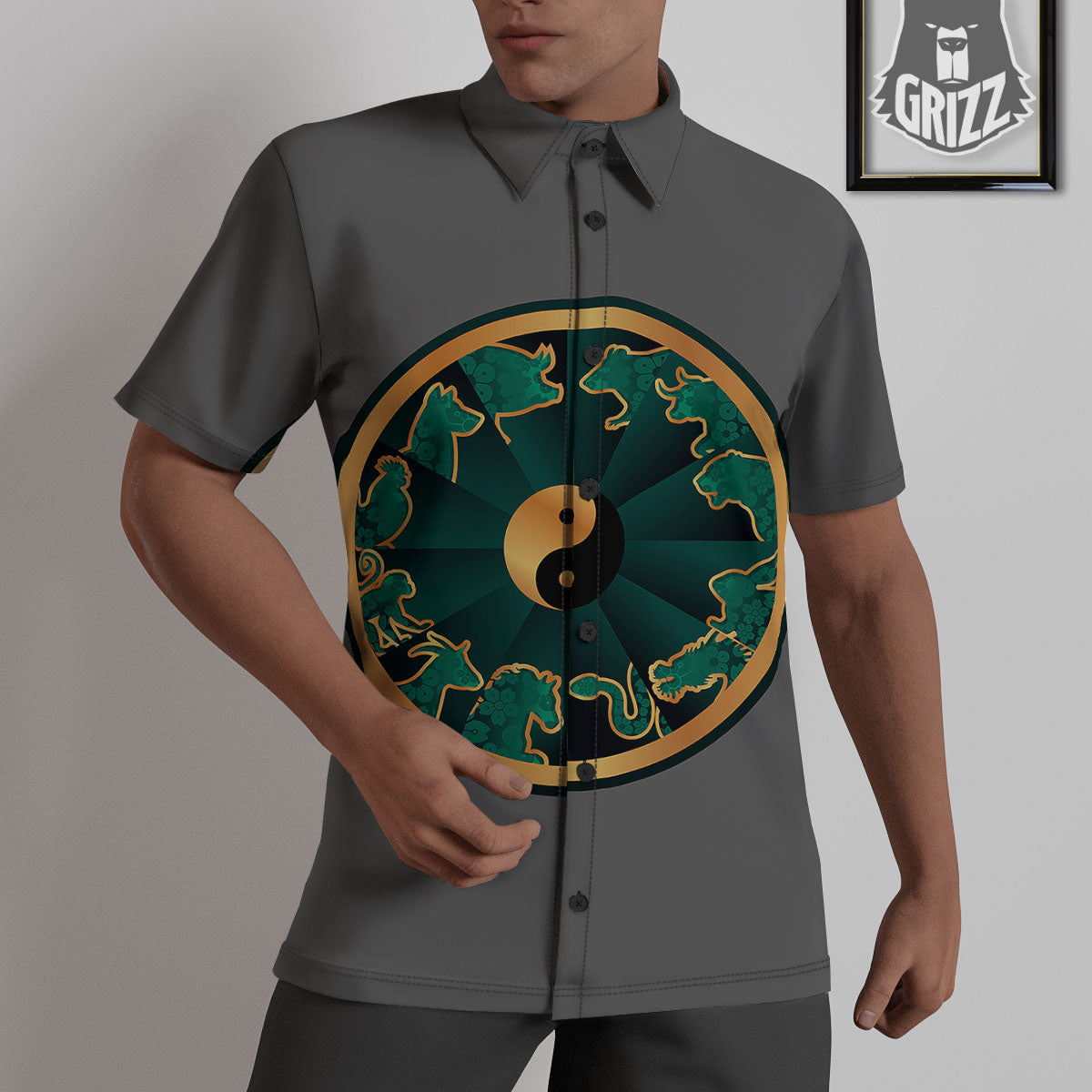 Chinese Zodiac Gold And Green Print Untucked Shirts-grizzshop