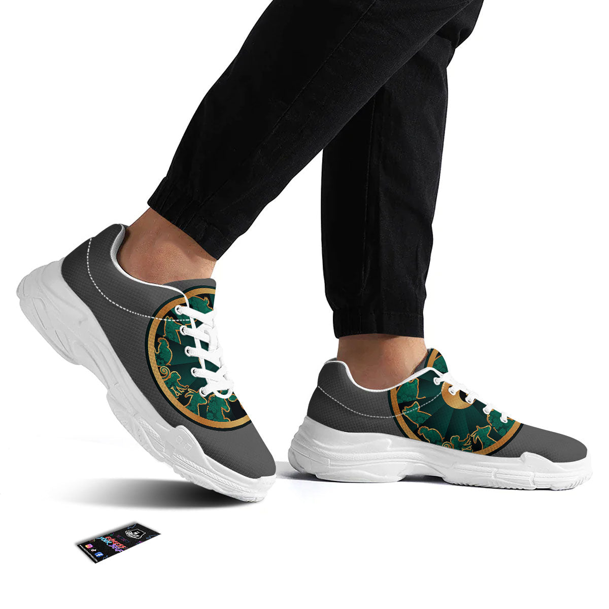 Chinese Zodiac Gold And Green Print White Chunky Shoes-grizzshop
