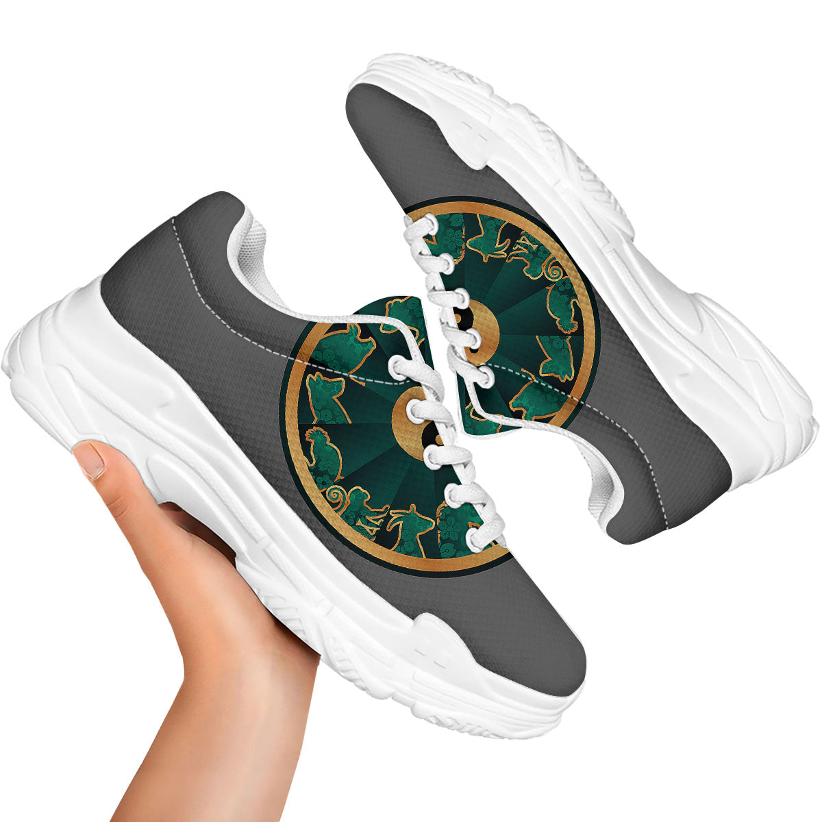 Chinese Zodiac Gold And Green Print White Chunky Shoes-grizzshop