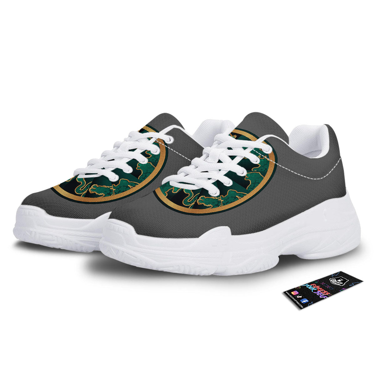 Chinese Zodiac Gold And Green Print White Chunky Shoes-grizzshop