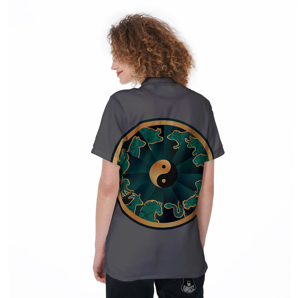 Chinese Zodiac Gold And Green Print Women's Golf Shirts-grizzshop