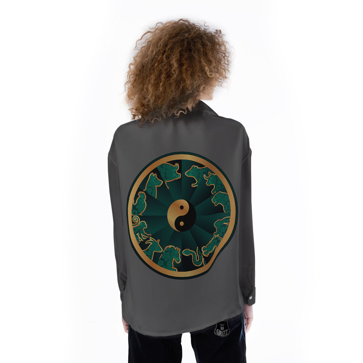 Chinese Zodiac Gold And Green Print Women's Long Sleeve Shirts-grizzshop
