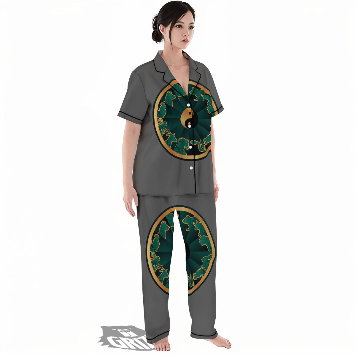 Chinese Zodiac Gold And Green Print Women's Pajamas Set-grizzshop