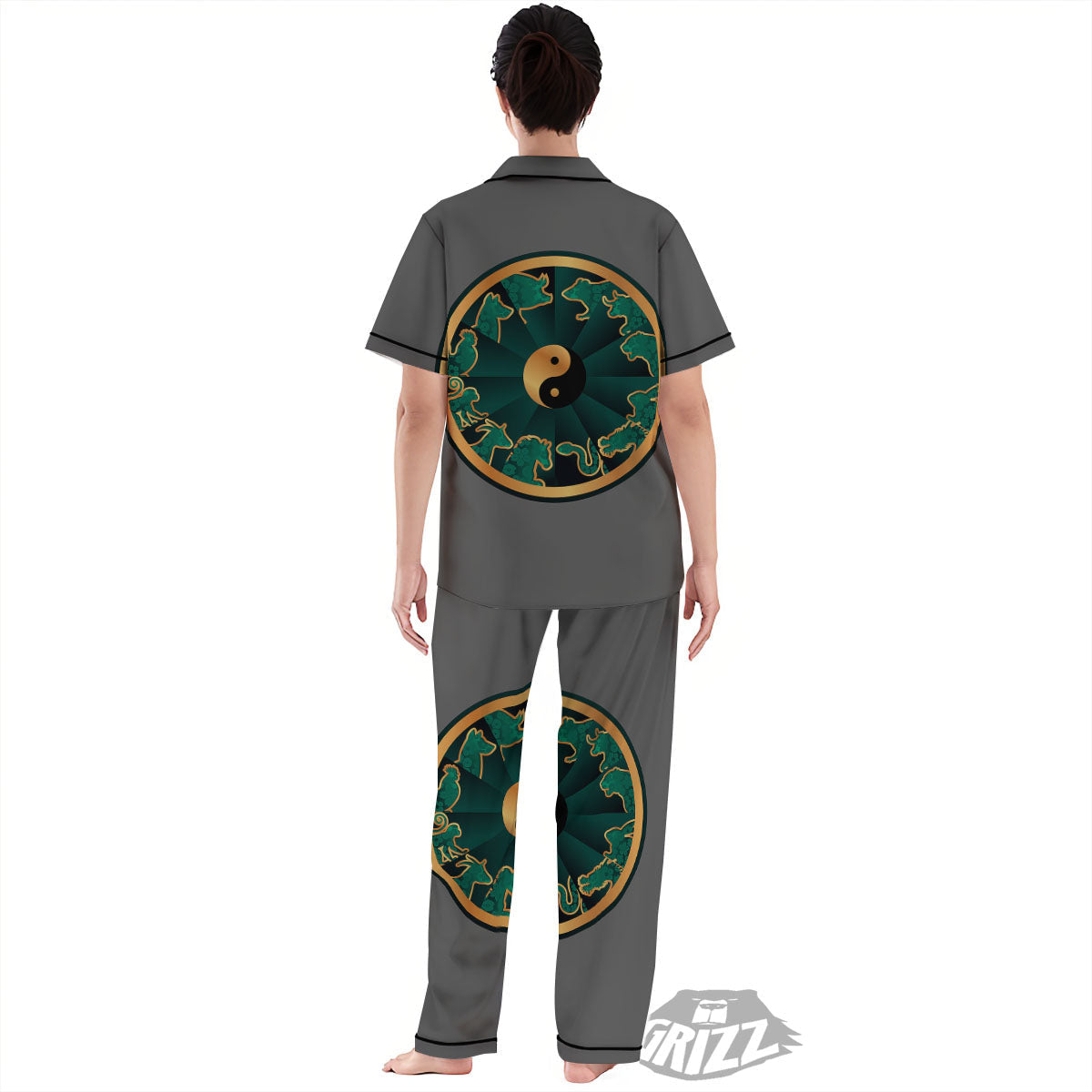 Chinese Zodiac Gold And Green Print Women's Pajamas Set-grizzshop